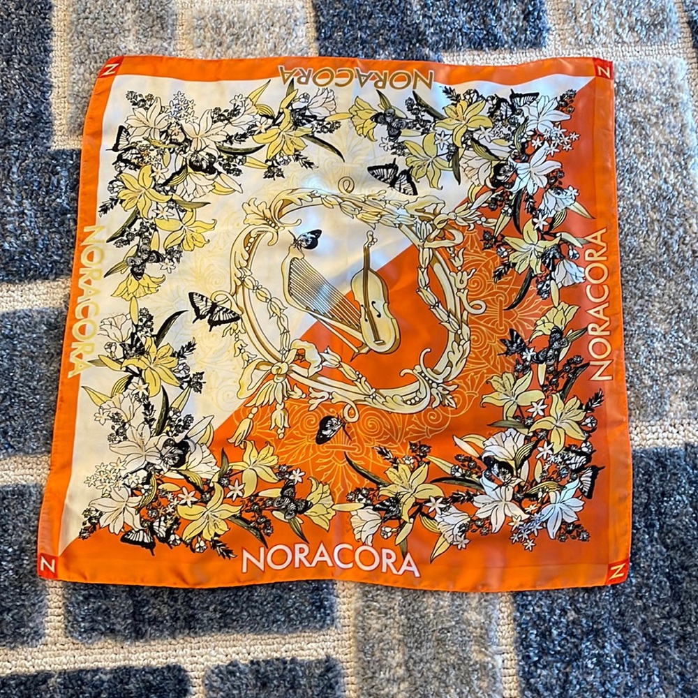 Vintage Noracora Scarf Orange Butterflies Lilly Butterfly Harp Violin MCM